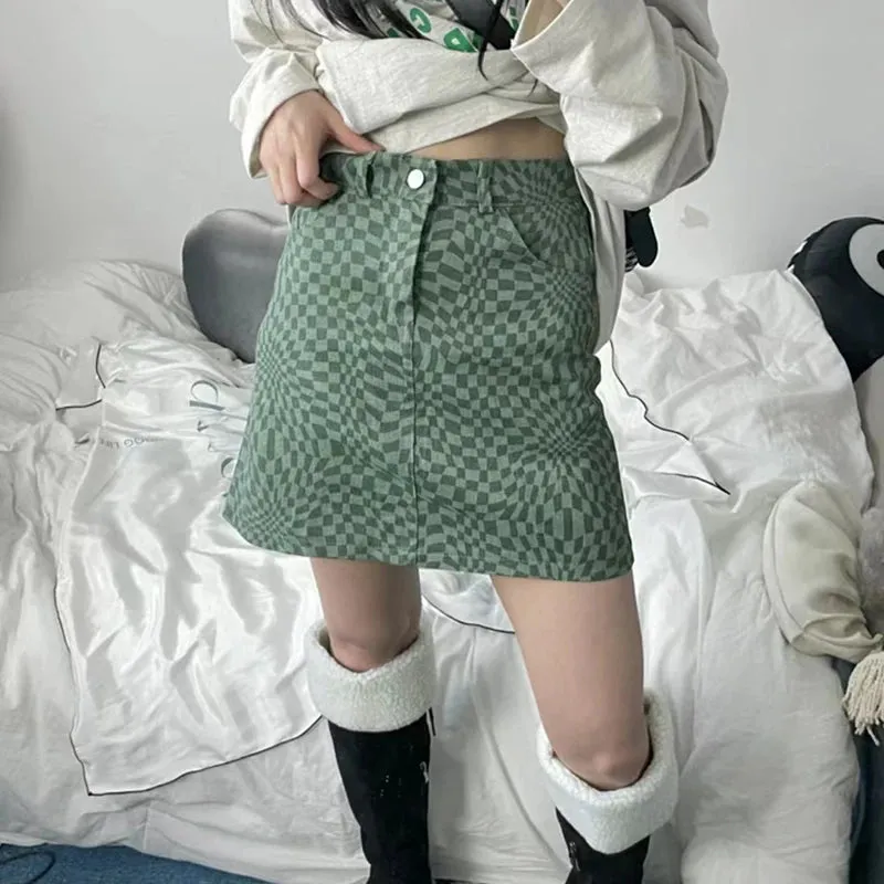 ADVBRIDGE  Jeans Skirts Female Plaid High Waist Skirts Women Summer Sexy Summer Beach Denim Saia Korean Fashioin Green Pink Skirt