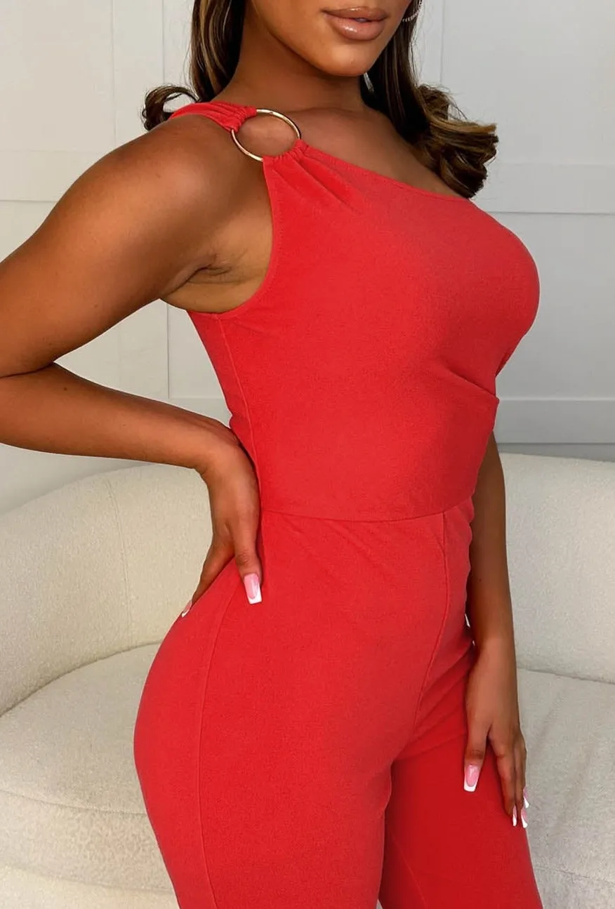 Always in Style Coral One Shoulder Ring Detail Jumpsuit