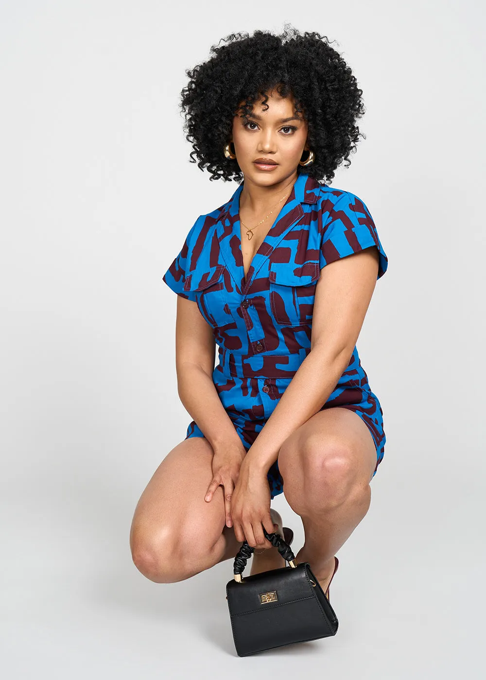 Asale Women's African Print Romper (Fig Blue Geometric)