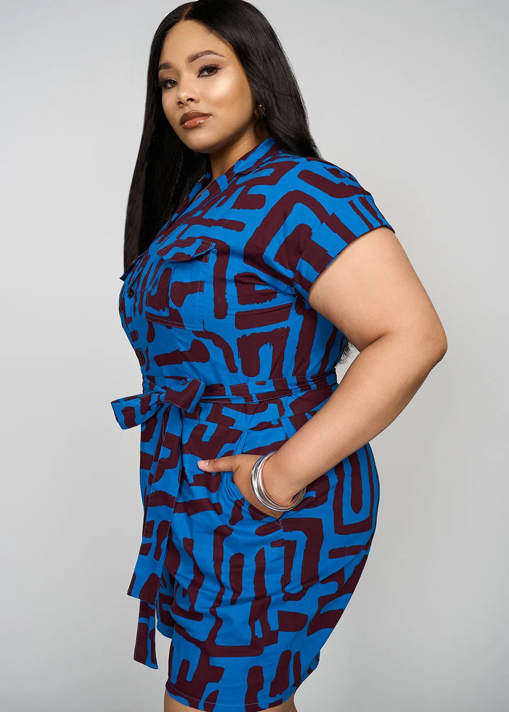 Asale Women's African Print Romper (Fig Blue Geometric)