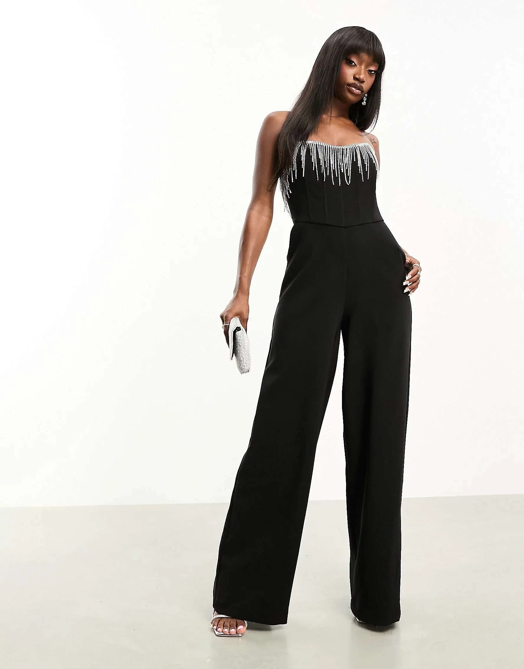 ASOS corset jumpsuit in black with rhinestone fringe