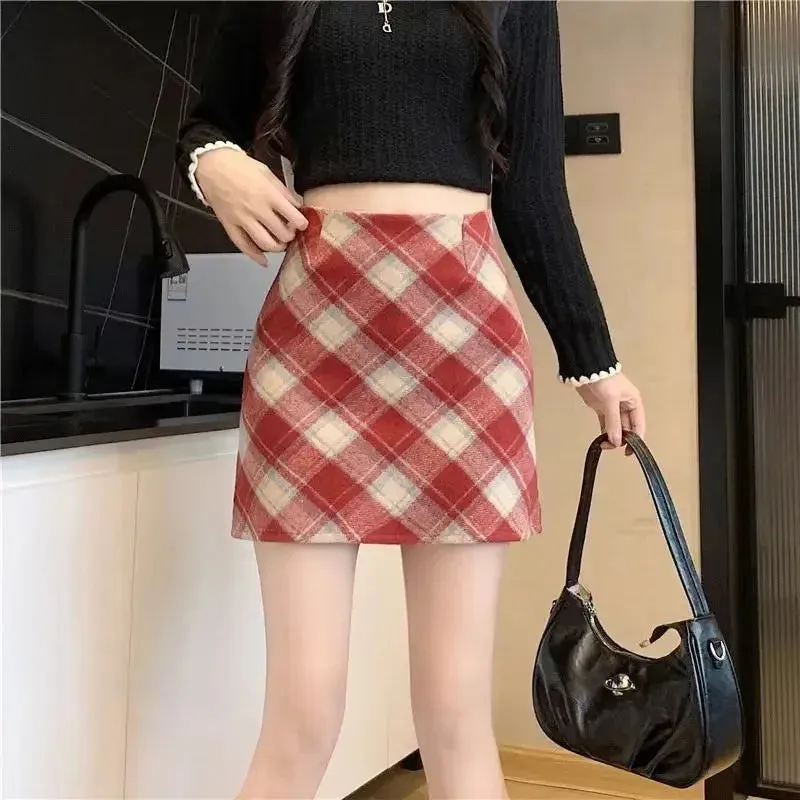 Autumn Winter Versatile Plaid Wool A-line Short Skirt