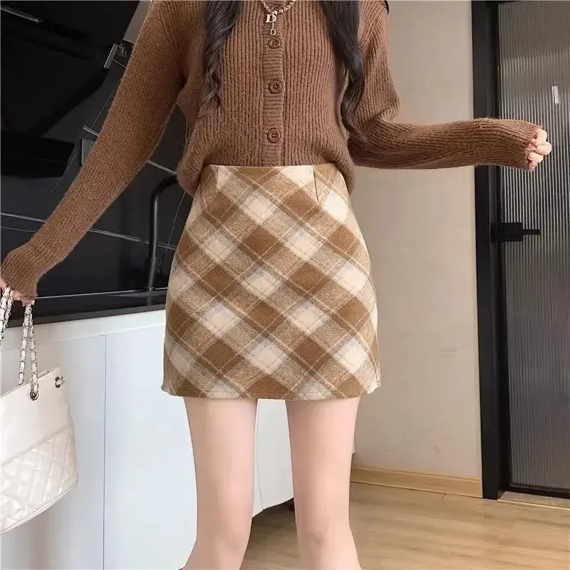 Autumn Winter Versatile Plaid Wool A-line Short Skirt