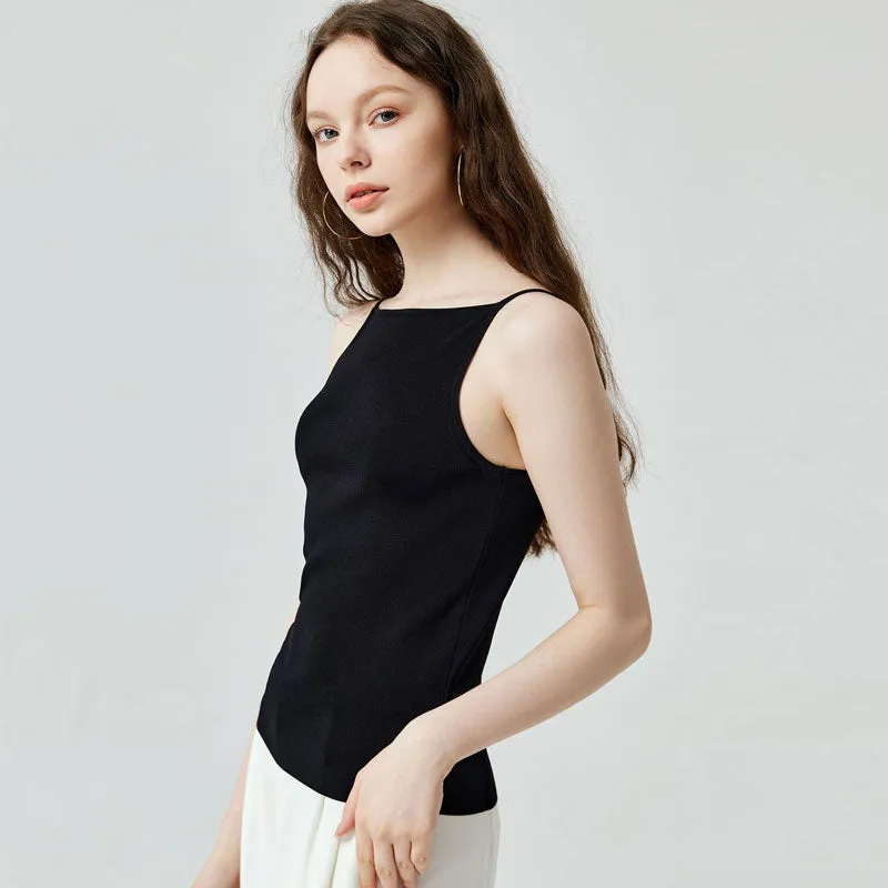 Basic Black Color Square Neck Cami Open Back Knit Top