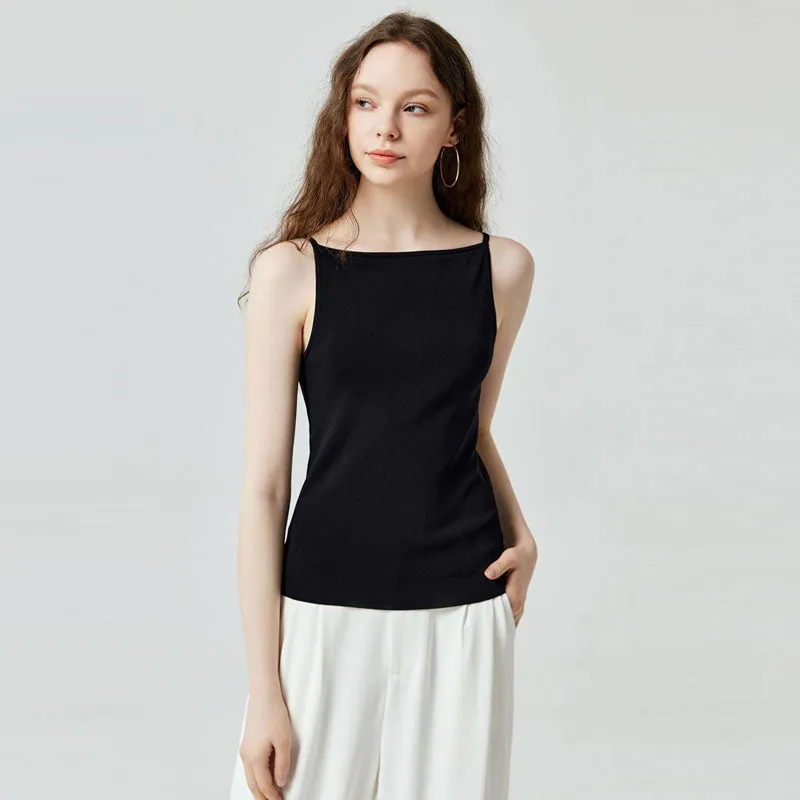 Basic Black Color Square Neck Cami Open Back Knit Top