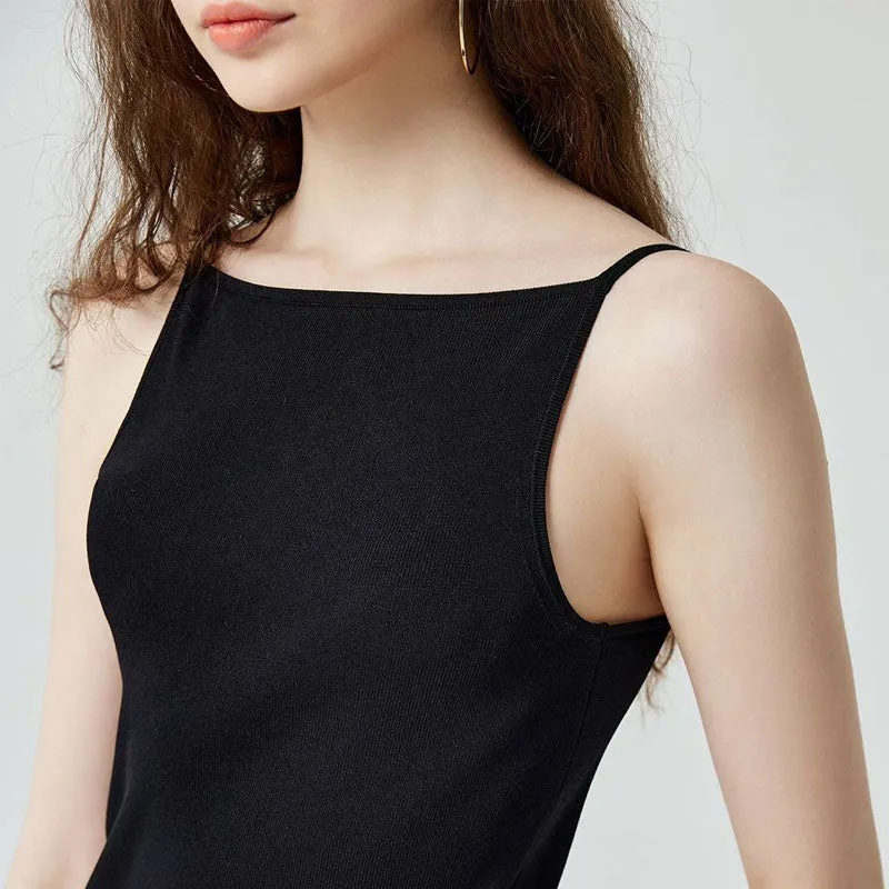 Basic Black Color Square Neck Cami Open Back Knit Top