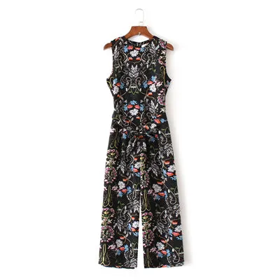 Bella Philosophy 2017 spring summer new jumpsuit women's bird print O-neck sleeveless belt sashes ankle-length jumpsuits blue