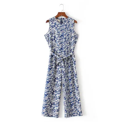 Bella Philosophy 2017 spring summer new jumpsuit women's bird print O-neck sleeveless belt sashes ankle-length jumpsuits blue