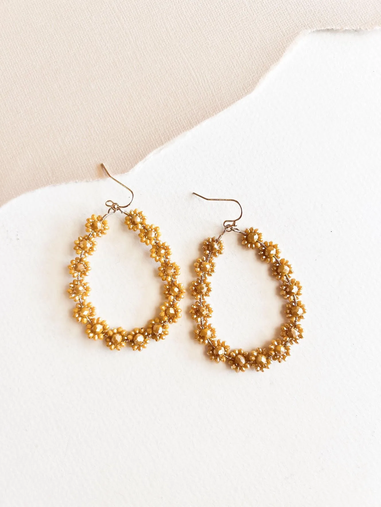 Bethany Tan Beaded Flower Teardrop Hoop | Warm Boho Earring