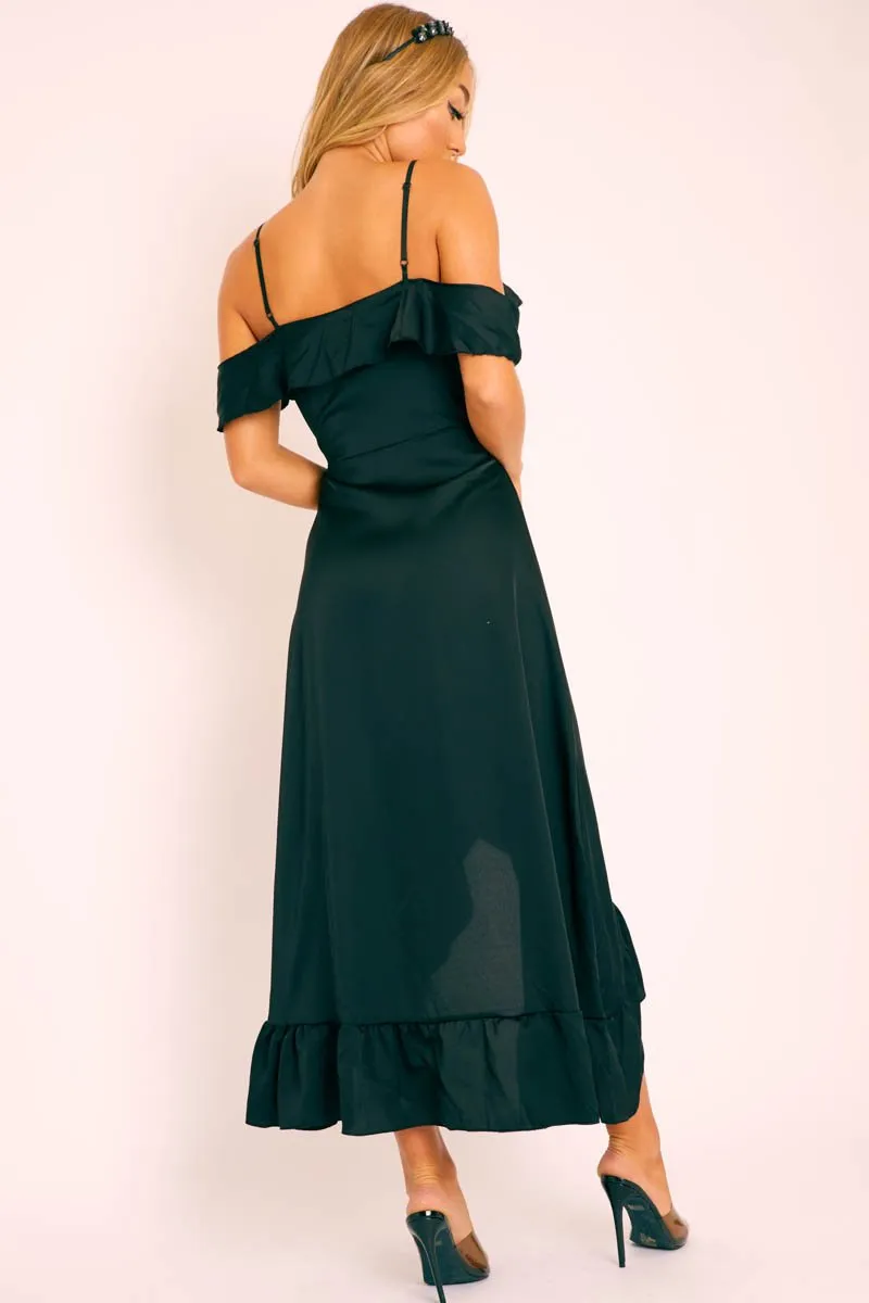 Black Satin Ruffle Wrap Midi Dress - Eiza