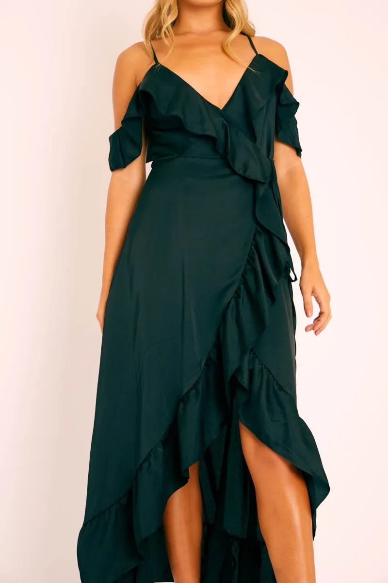 Black Satin Ruffle Wrap Midi Dress - Eiza