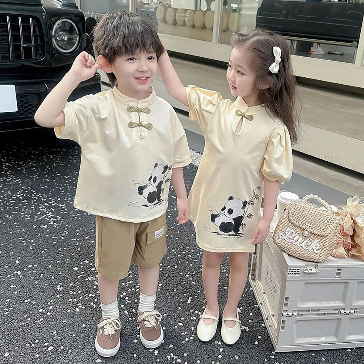 Boys Animal Print Clothing Panda Design Traditional Chinese Outfit