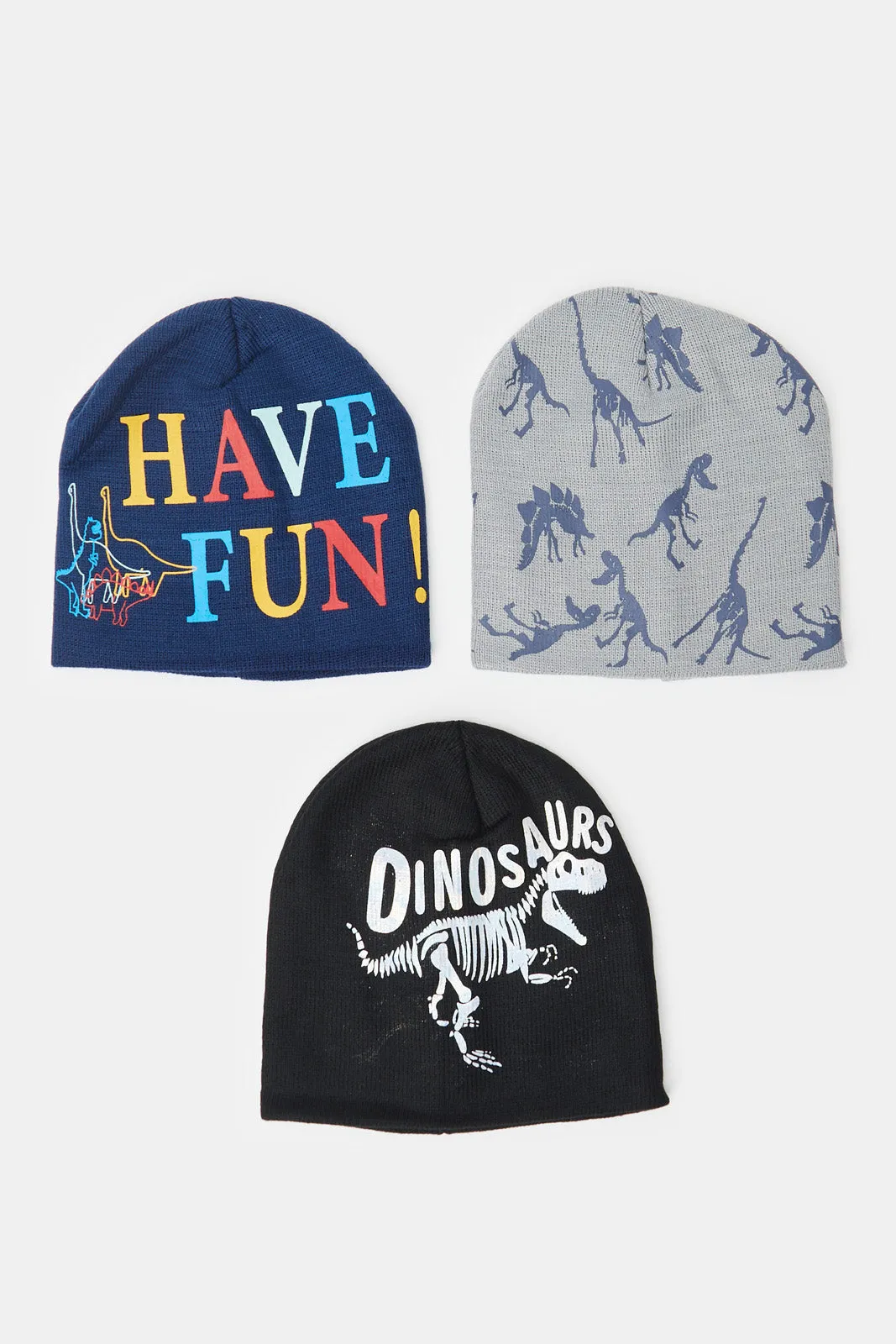 Boys Assorted Dino Print Knitted Cap Set (Pack of 3)