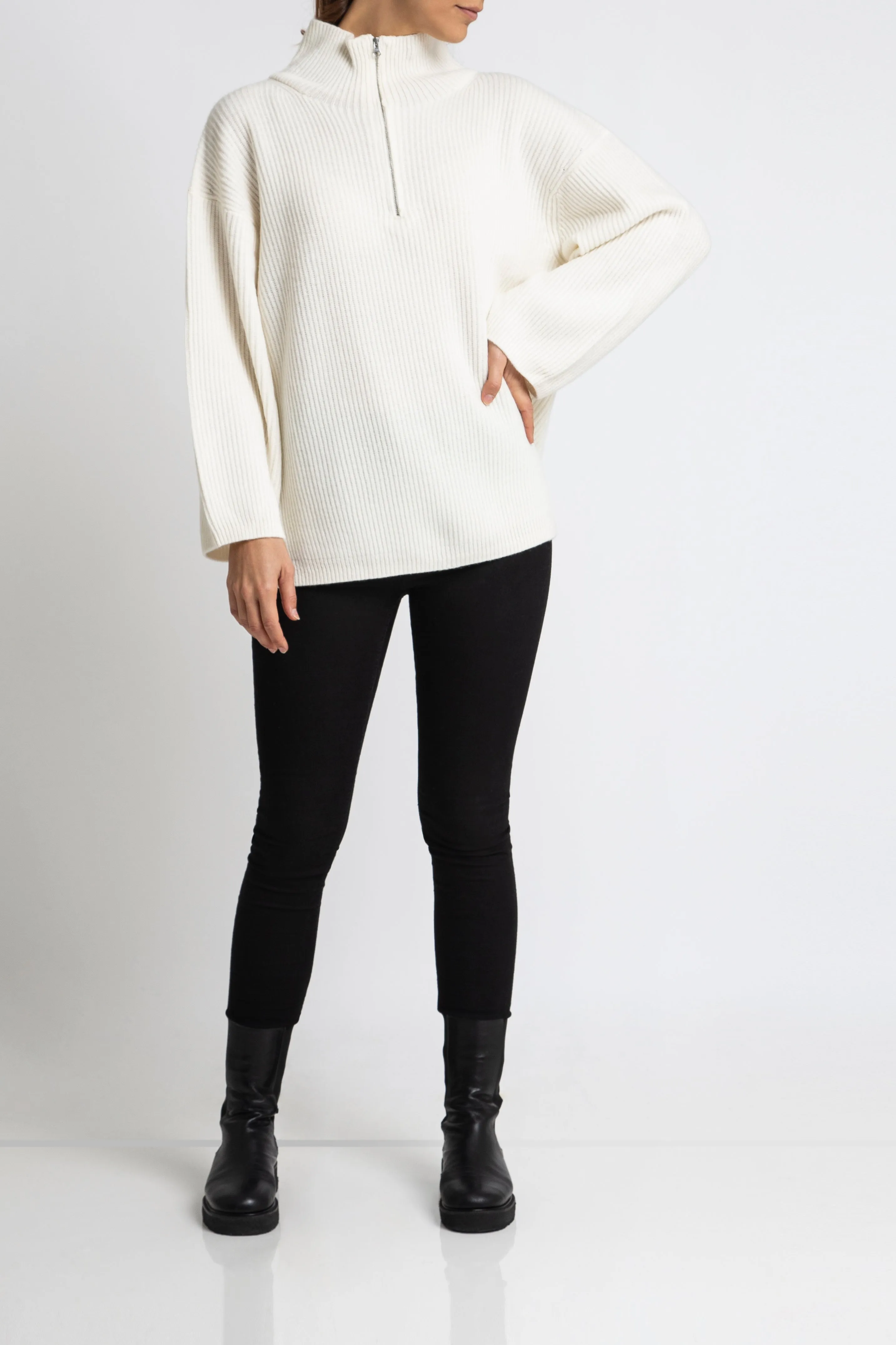 Cashmere Oversized Zip Rib Knit in Winter White