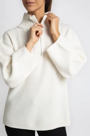 Cashmere Oversized Zip Rib Knit in Winter White