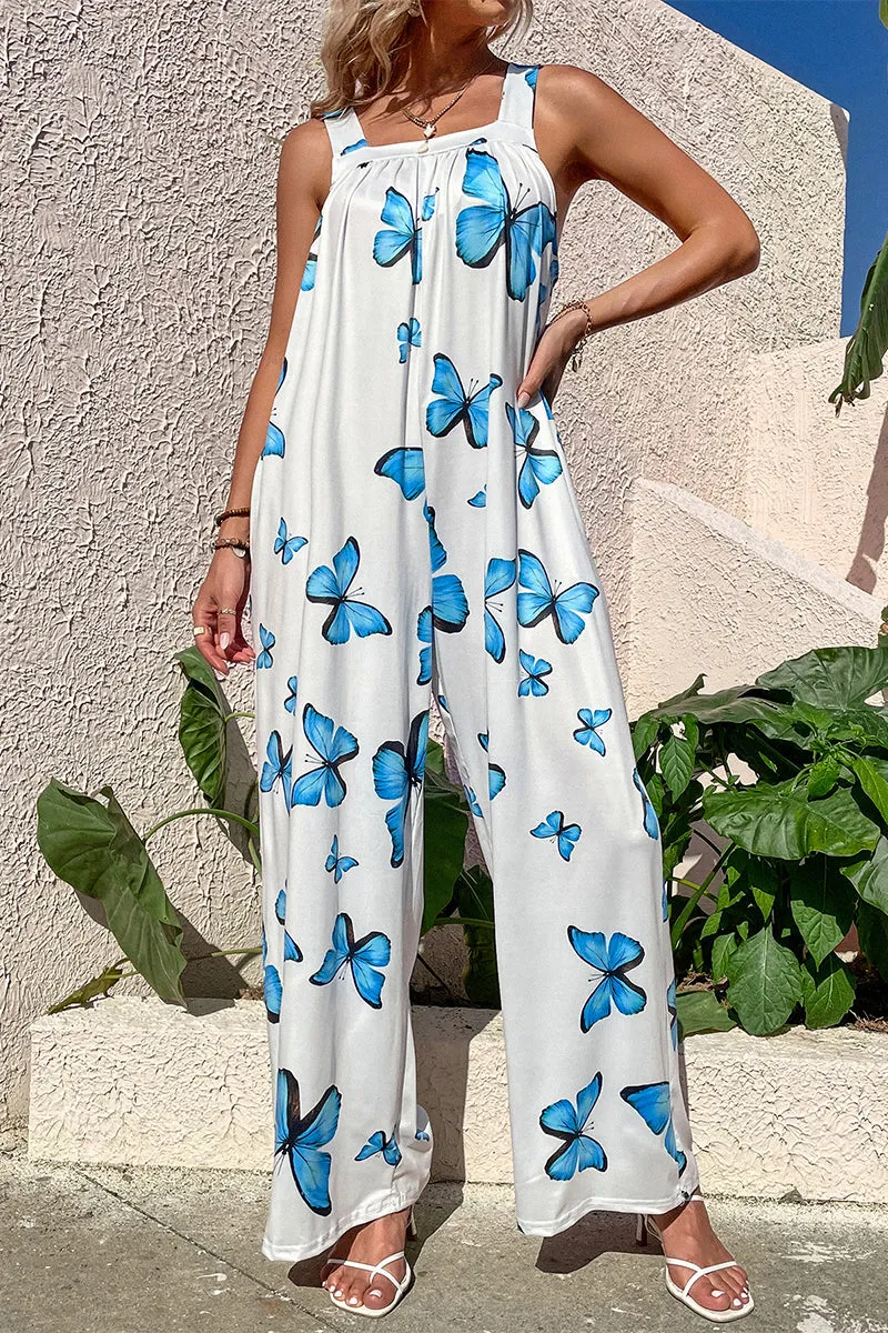 Casual Print Pocket Square Collar Loose Jumpsuits