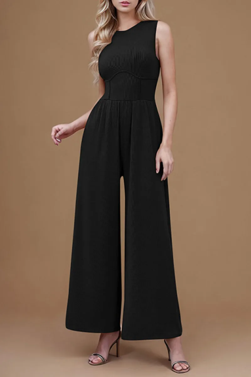 Casual Simplicity Solid Pocket Zipper O Neck Regular Jumpsuits