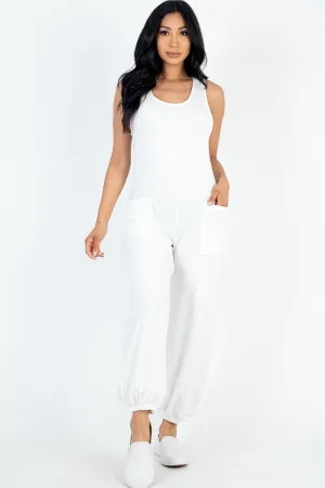 Casual Solid French Terry Sleeveless Scoop Neck Front Pocket Jumpsuit