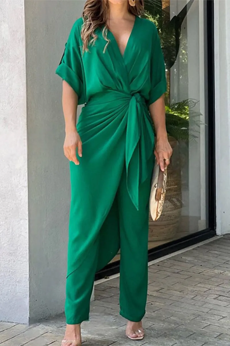 Casual Solid Frenulum V Neck Regular Jumpsuits