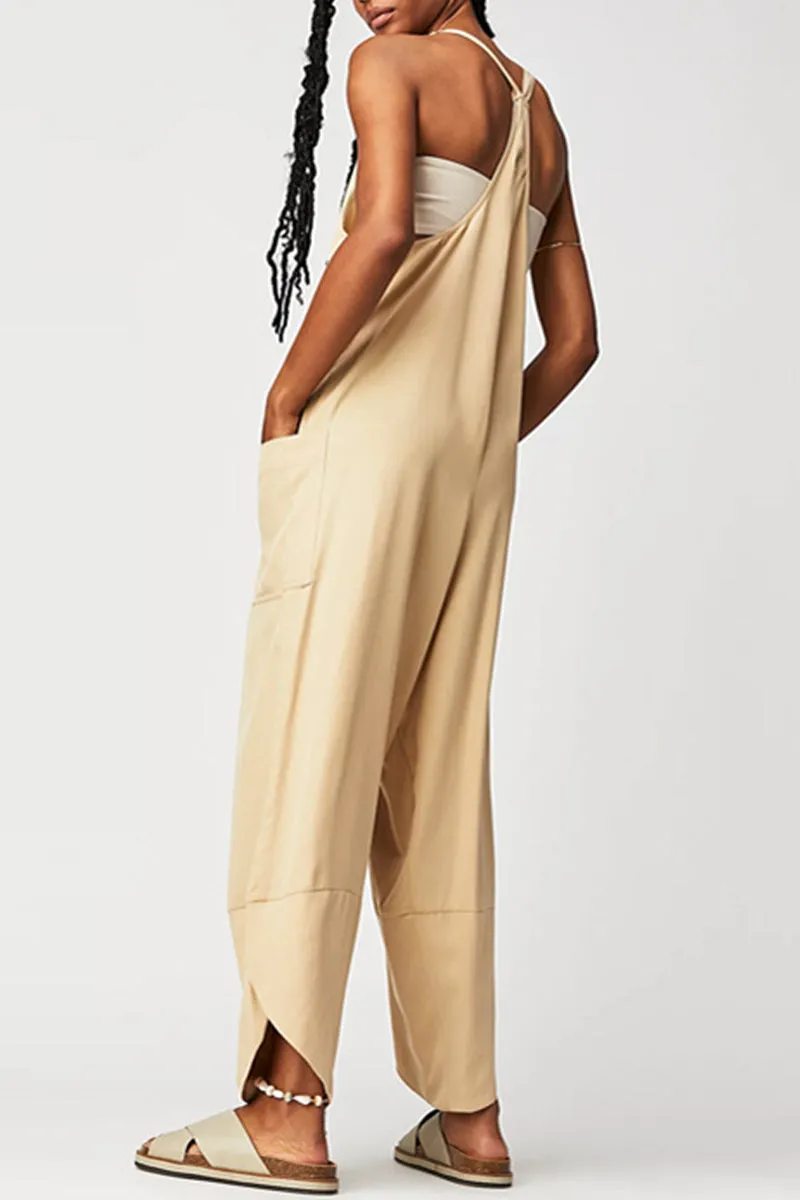 Casual Solid Pocket V Neck Loose Jumpsuits