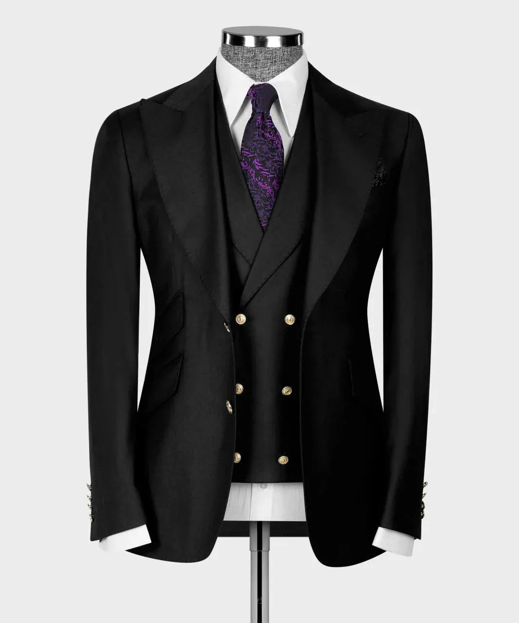 Classic Black Wool Suit with Gold Button