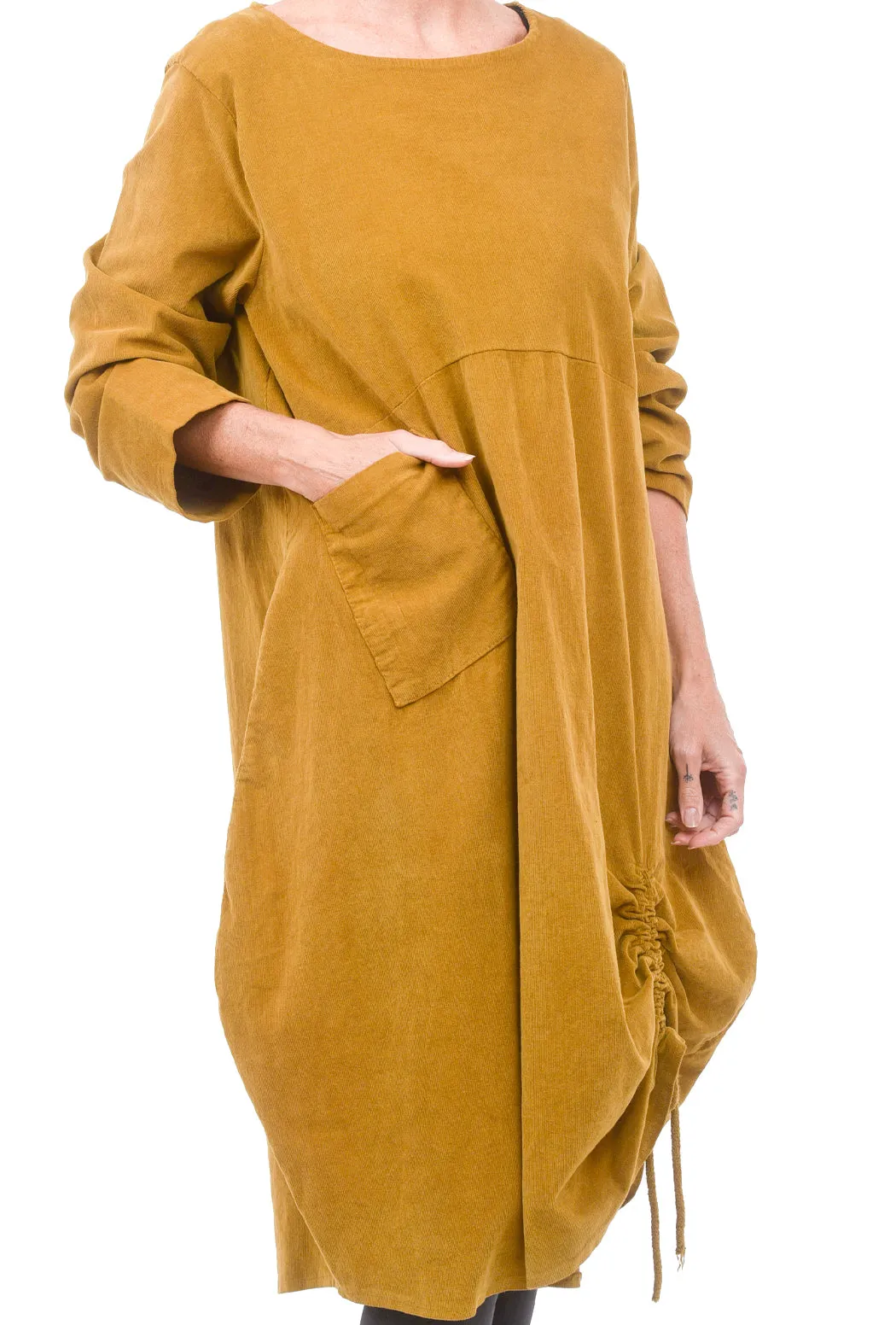 Corduroy Ruched Dress, Mustard