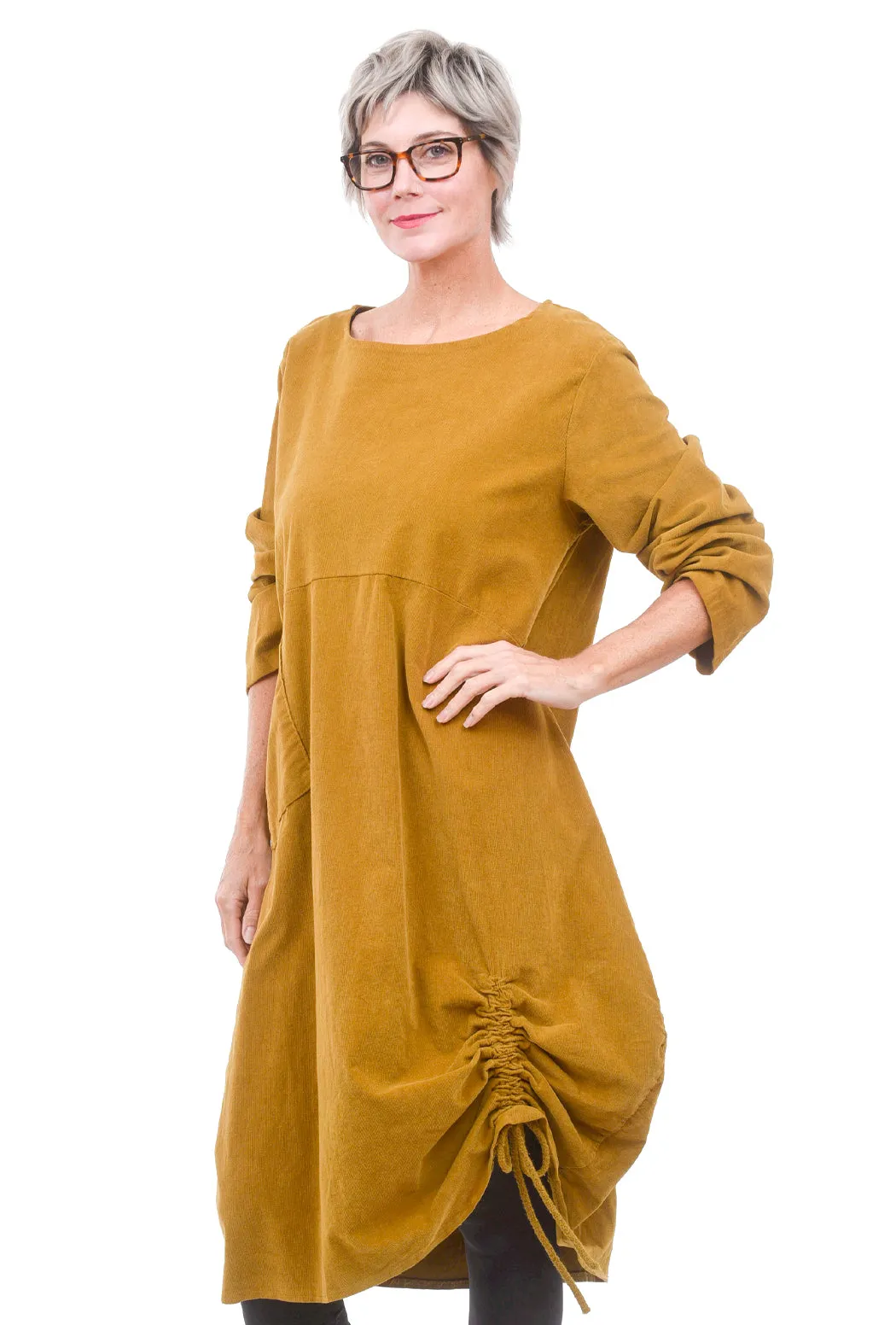 Corduroy Ruched Dress, Mustard