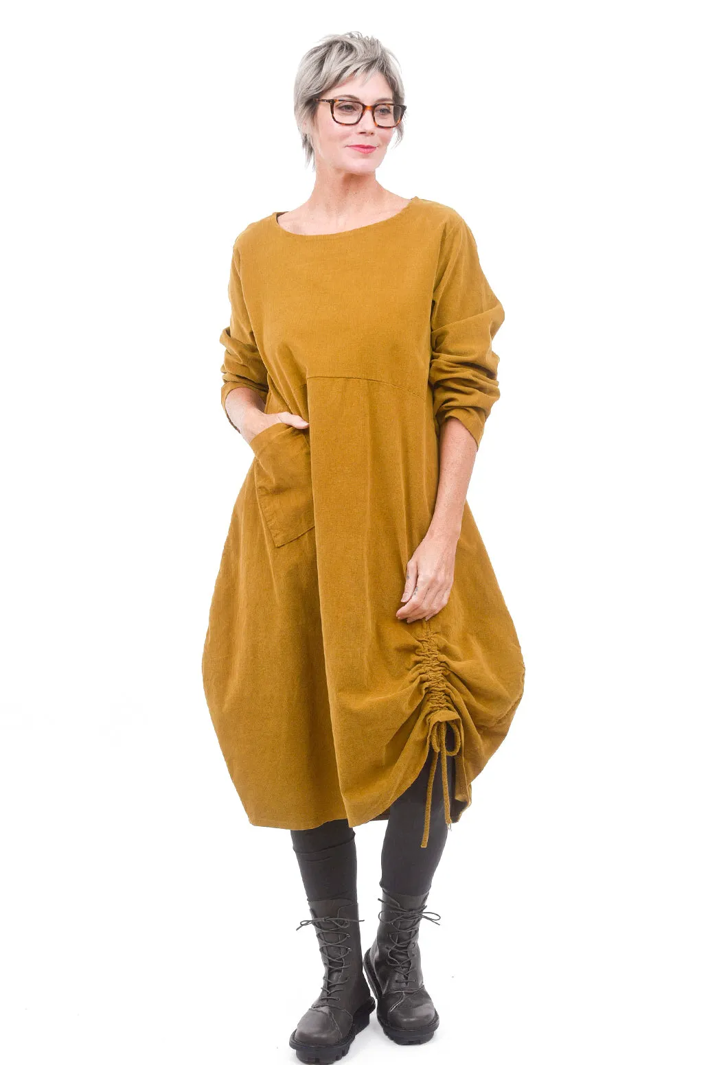 Corduroy Ruched Dress, Mustard