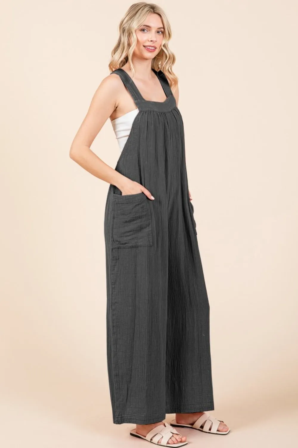 Culture Code Pocketed Sleeveless Wide Leg Overalls