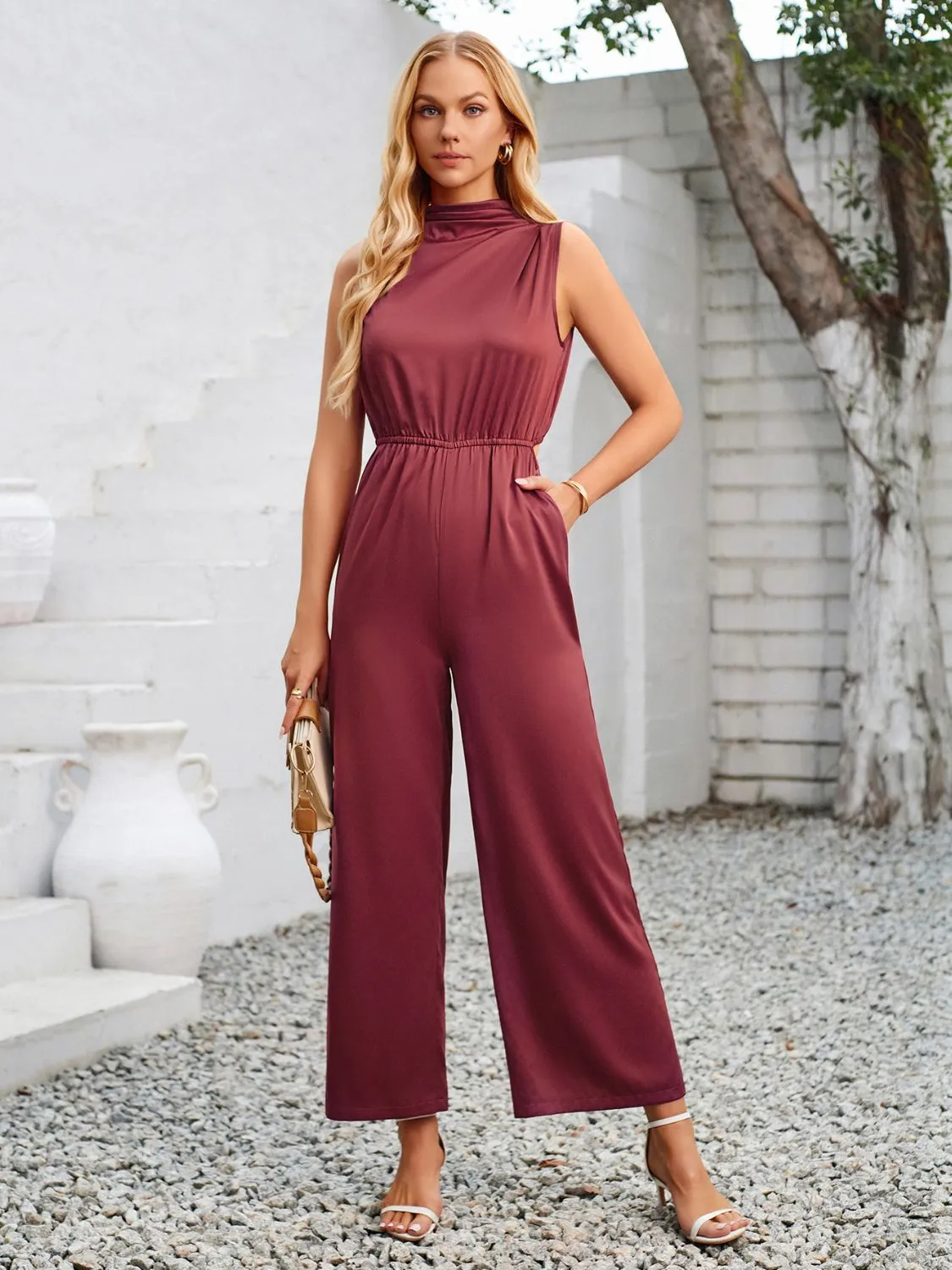 Cutout Tied Wide Leg Sleeveless Jumpsuit