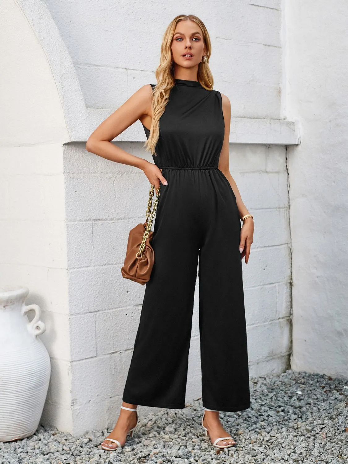 Cutout Tied Wide Leg Sleeveless Jumpsuit