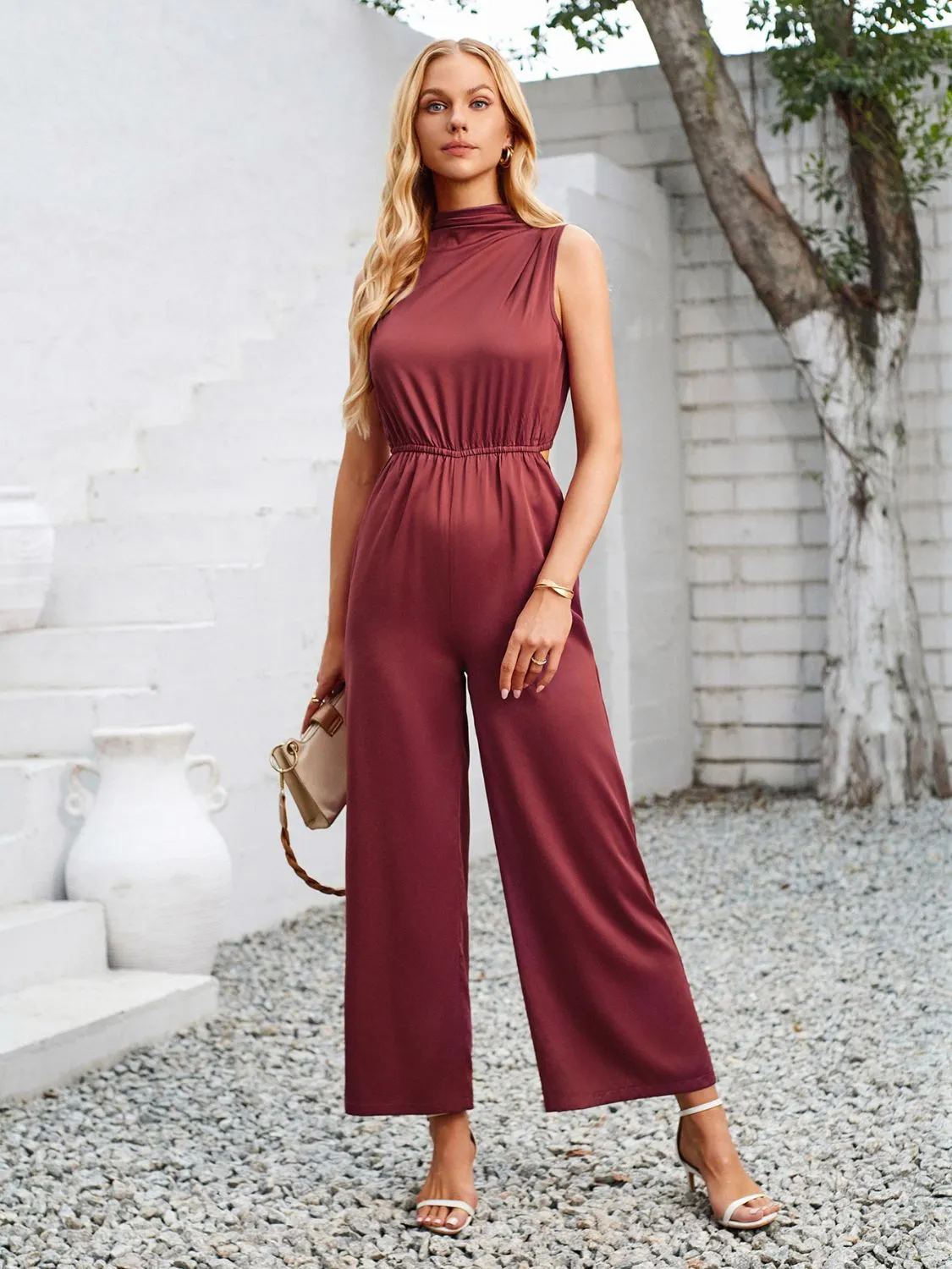 Cutout Tied Wide Leg Sleeveless Jumpsuit