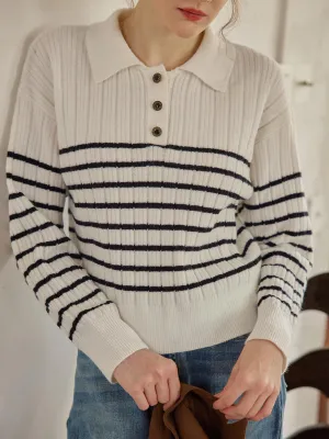 Davian Striped White Polo Knit Top