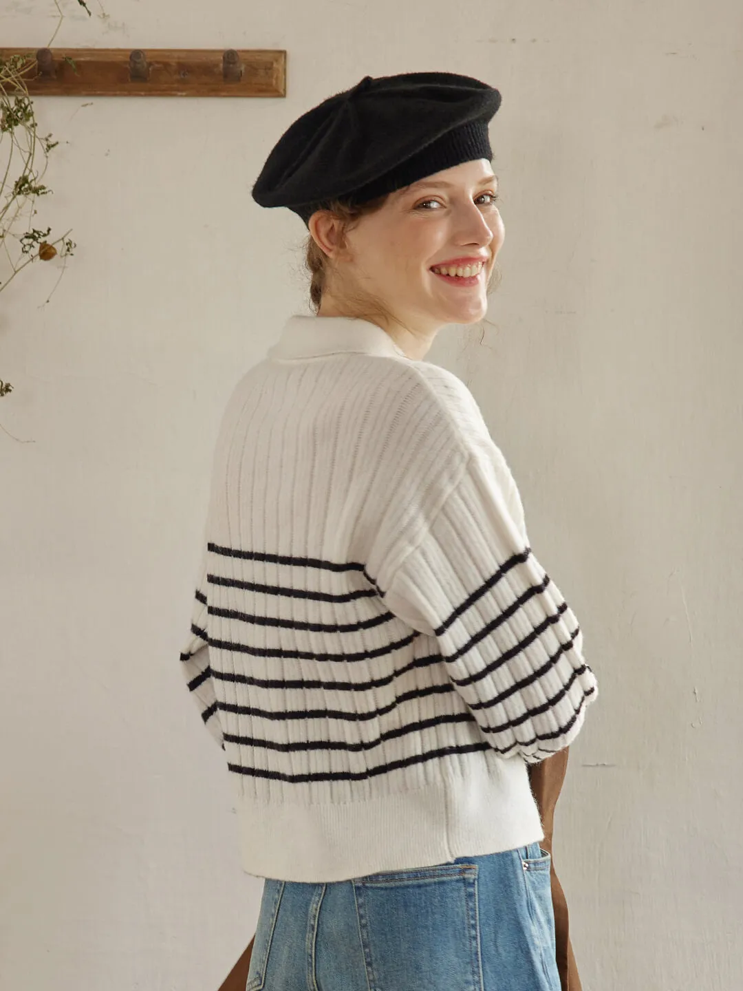 Davian Striped White Polo Knit Top