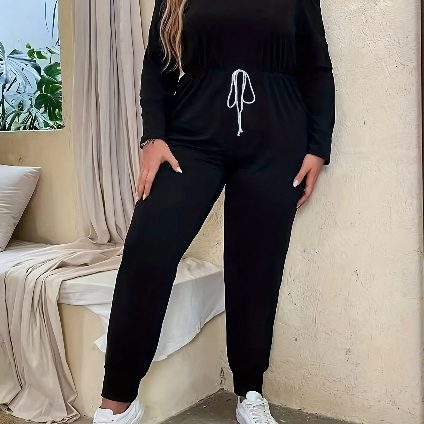 Effortless Sophistication Women's Plus Solid Off-Shoulder Knot Jumpsuit