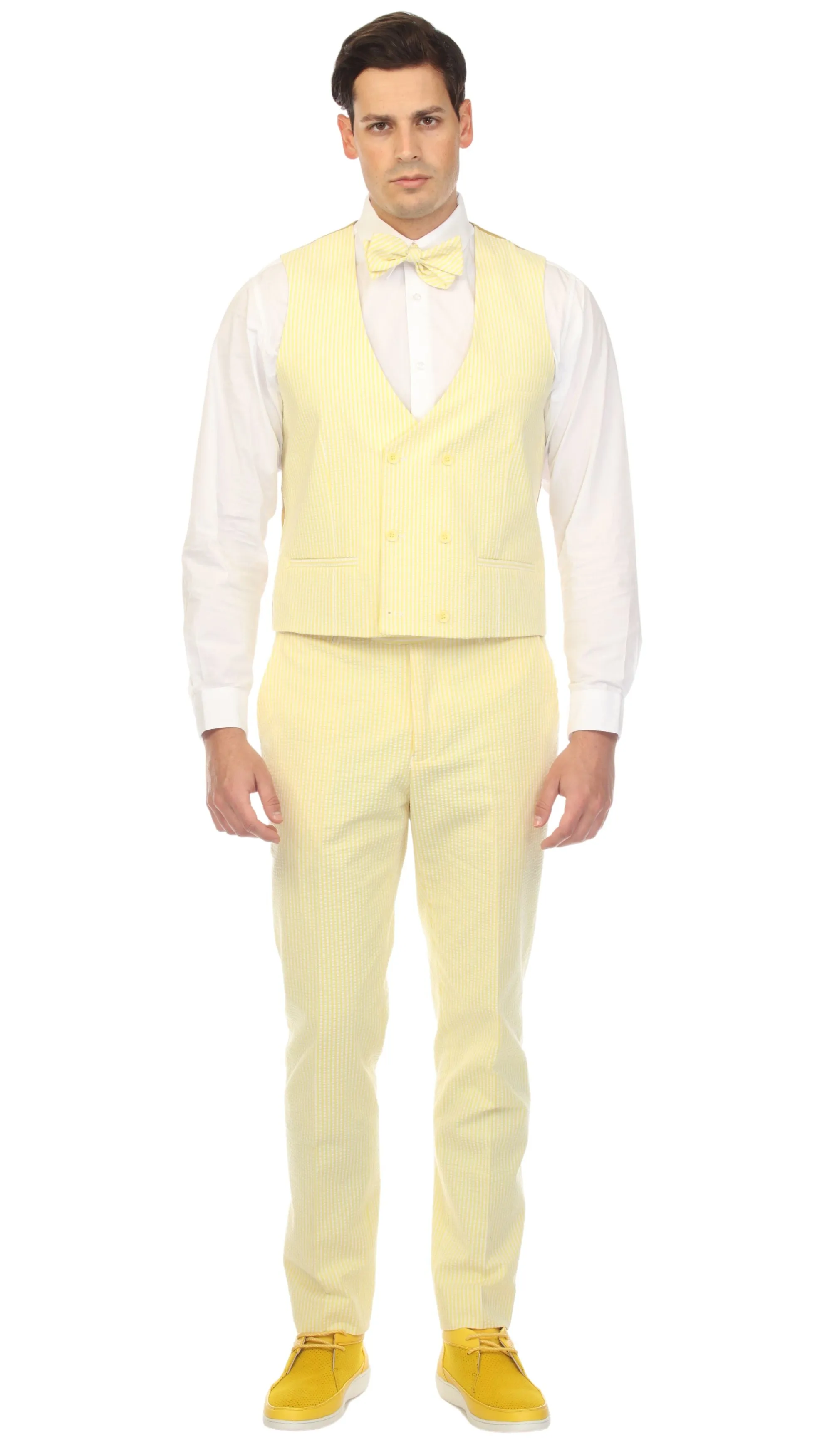 Ferrecci Cotton Slim fit Yellow Notch Lapel 2 Button Seersucker Suit Vest Optional