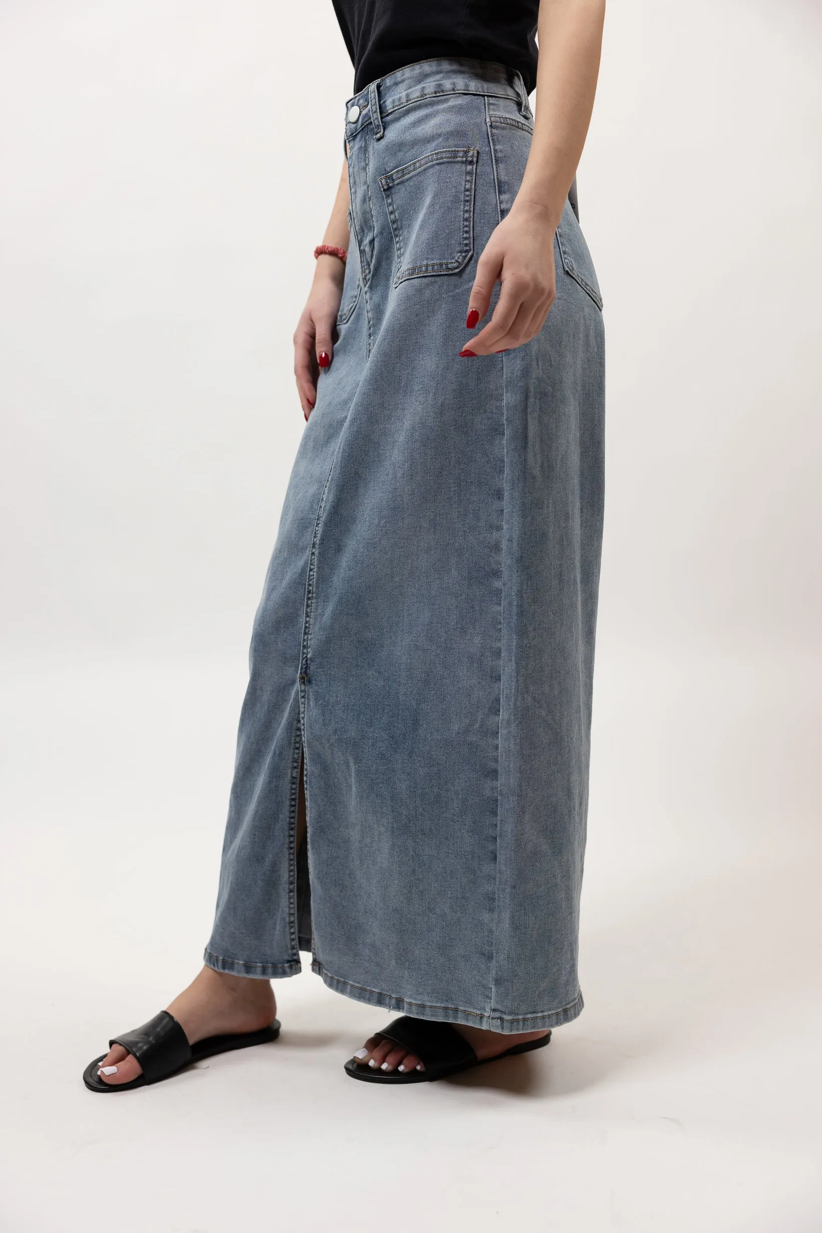 Front Slit Denim Skirt