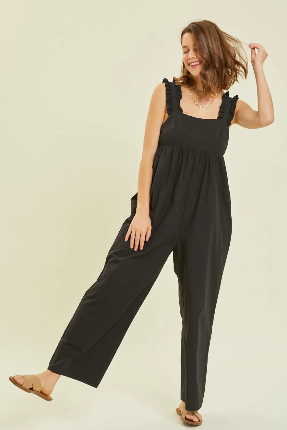 Full Size Ruffled Strap Back Tie Wide Leg Jumpsuit