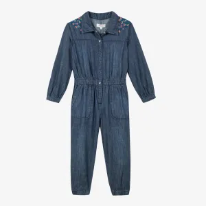 Girls' light denim embroidered jumpsuit