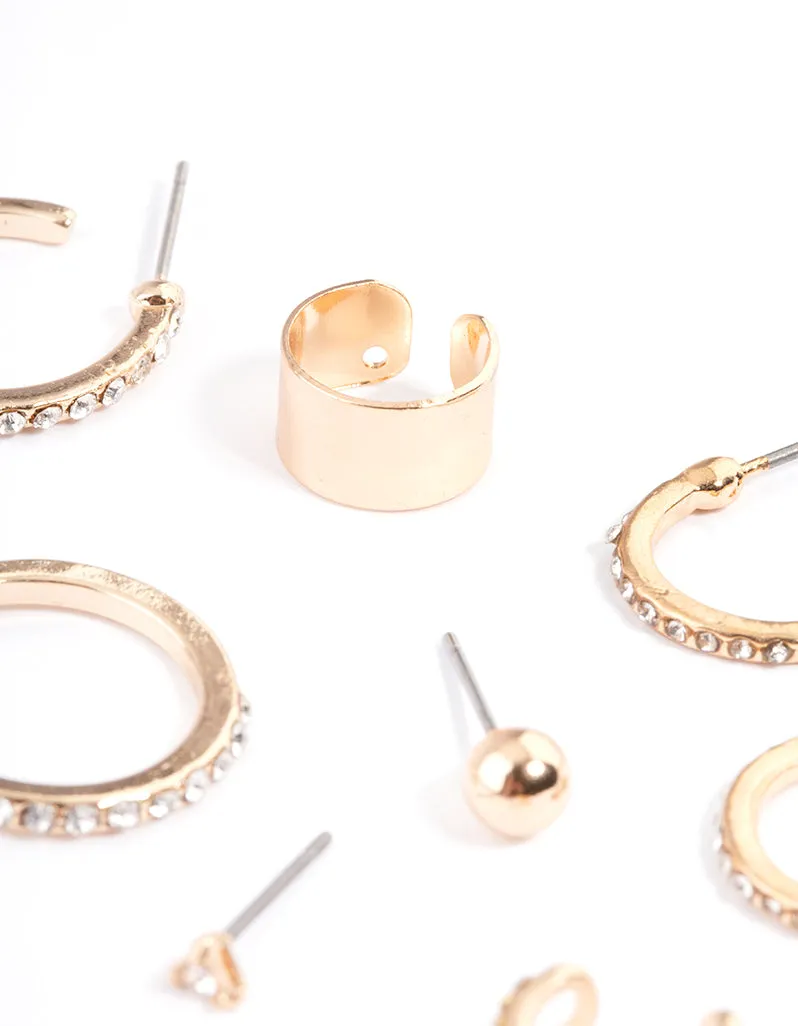 Gold Diamante Hoop, Stud & Cuff Earring Pack