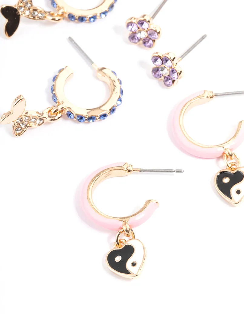 Gold Pink Enamel Charm Earrings 4-Pack