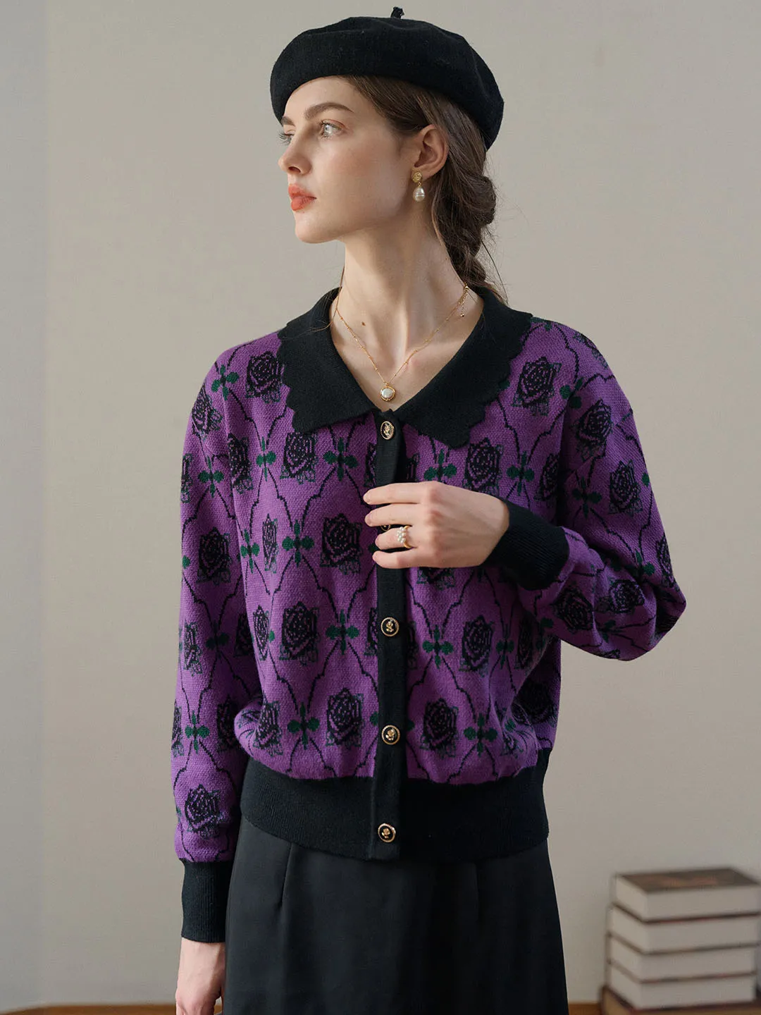 Hannah Floral Pattern Contrast Trim Cardigan-Purple