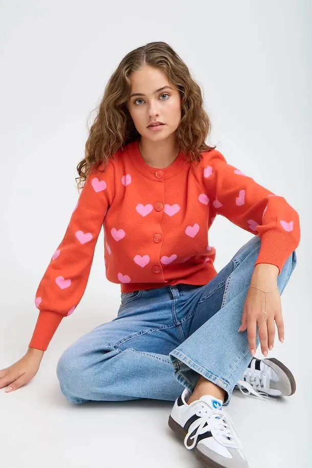 ICHI Brielle Red & Superpink Heart Cardigan