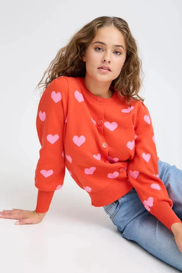 ICHI Brielle Red & Superpink Heart Cardigan