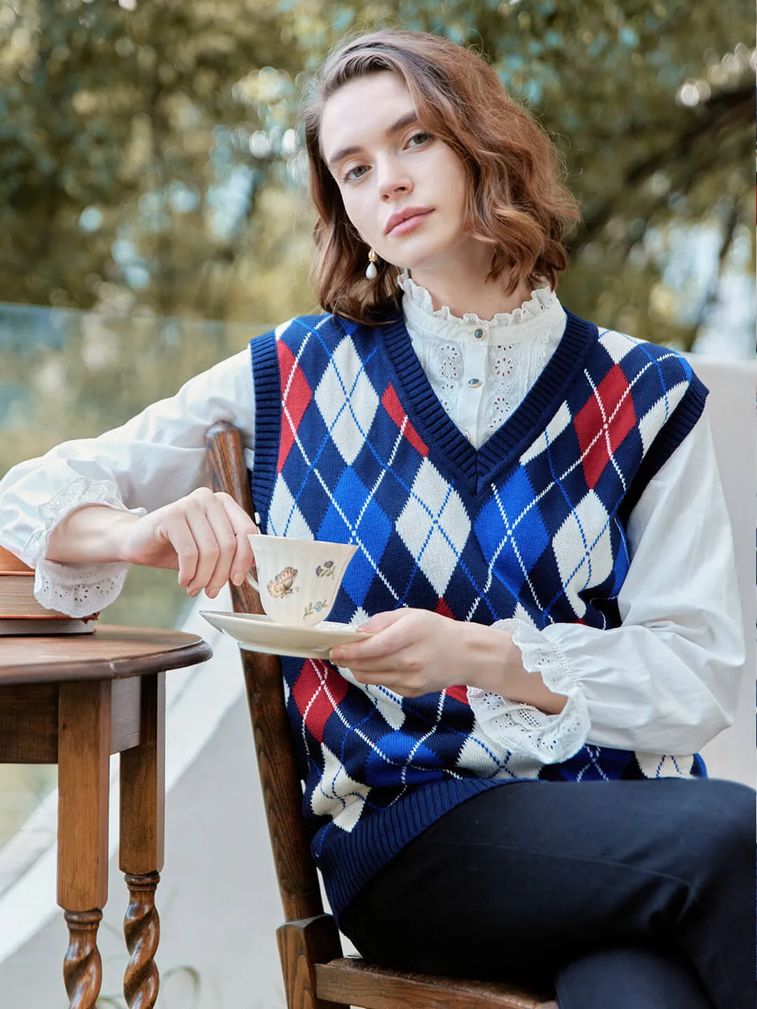 Jolene Argyle Patterned Knit Vest Sweater