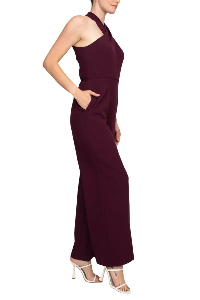 Julia Jordan Stretch Criss Cross Halter Neckline Sleeveless Crepe Jumpsuit With Pockets