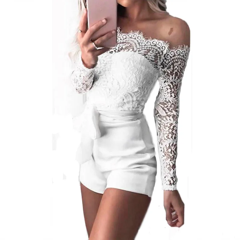 Ladies summer autumn off shoulder playsuits long sleeve sheer lace patchwork hollow bandage skinny playsuits