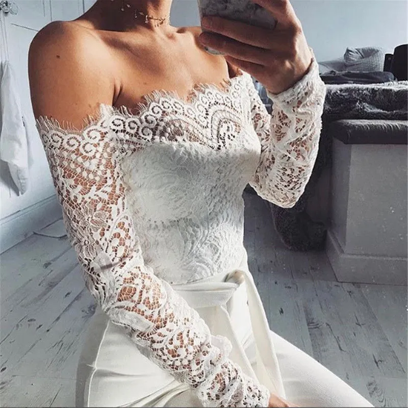 Ladies summer autumn off shoulder playsuits long sleeve sheer lace patchwork hollow bandage skinny playsuits