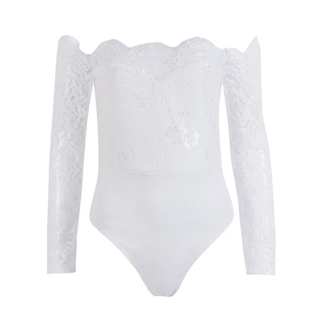 Ladies summer autumn off shoulder playsuits long sleeve sheer lace patchwork hollow bandage skinny playsuits