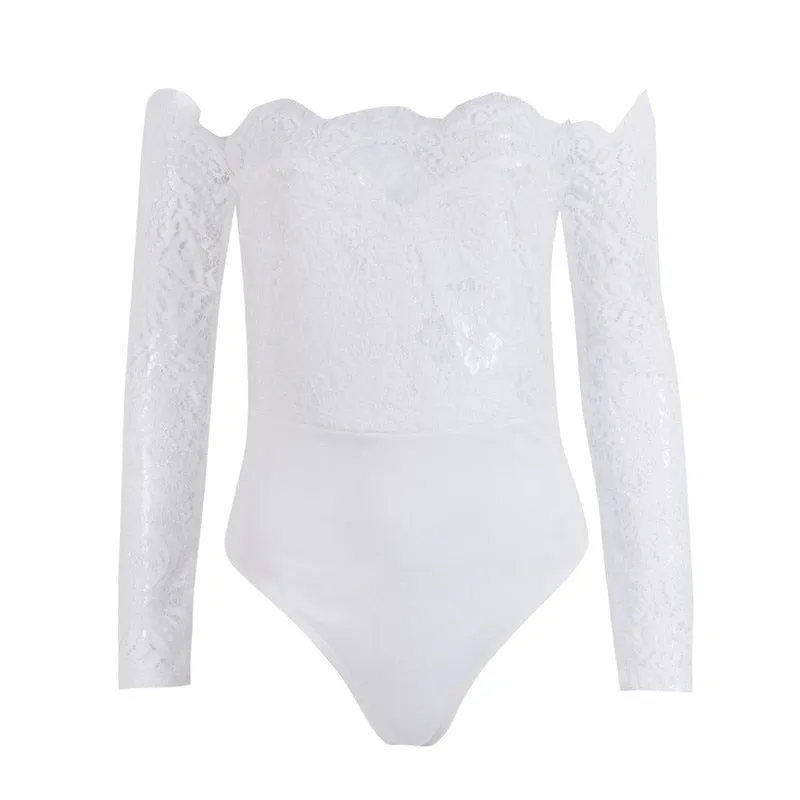 Ladies summer autumn off shoulder playsuits long sleeve sheer lace patchwork hollow bandage skinny playsuits